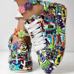 Round-Toe Thick-Sole Lace-Up Sneakers — Women’s Casual Print Shoes