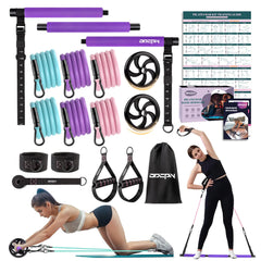 Pilates Bar Kit with Resistance Bands Multifunctinal Exercise Bar with Ab Roller for Pilates/Abs/Weight Loss Portable Home Gym Pilates bar kit for Full Body Training Women - Violet