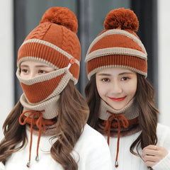Women's Warm Knitted  Beanie Hat and Scarf Set (3pcs)