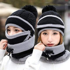 Women's Warm Knitted  Beanie Hat and Scarf Set (3pcs)