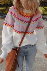 White Ethnic Geometric Colorblock Pattern Drop Shoulder Sweater