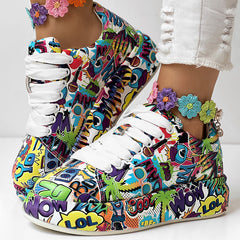 Round-Toe Thick-Sole Lace-Up Sneakers — Women’s Casual Print Shoes