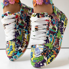 Round-Toe Thick-Sole Lace-Up Sneakers — Women’s Casual Print Shoes