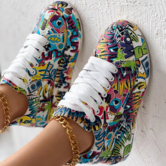 Round-Toe Thick-Sole Lace-Up Sneakers — Women’s Casual Print Shoes