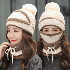 Women's Warm Knitted  Beanie Hat and Scarf Set (3pcs)