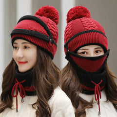Women's Warm Knitted  Beanie Hat and Scarf Set (3pcs)