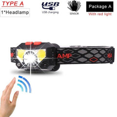 Rechargeable Powerful USB LED High Lumen Headlamp Ultra-Light Bright Headlight Waterproof Sensor Head Light  For Outdoors Camping Running Hiking Biking Fishing