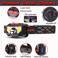 Rechargeable Powerful USB LED High Lumen Headlamp Ultra-Light Bright Headlight Waterproof Sensor Head Light  For Outdoors Camping Running Hiking Biking Fishing