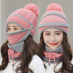 Women's Warm Knitted  Beanie Hat and Scarf Set (3pcs)